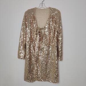Gold Sequin Long Sleeve Party Mini Dress Keyhole Front Size L / XL